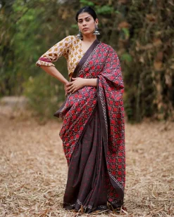 Rimjhim Brown Block Printed Cotton Saree - WW