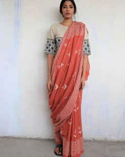 Rust Block Printed Cotton Mul Saree -God