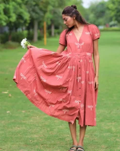 Rust Dragonfly Block Printed Cotton Dress-Mon