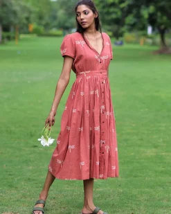 Rust Dragonfly Block Printed Cotton Dress-Mon