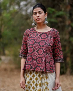 Saanjh Dhale Brown Block Printed Cotton Top - WW