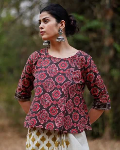 Saanjh Dhale Brown Block Printed Cotton Top - WW