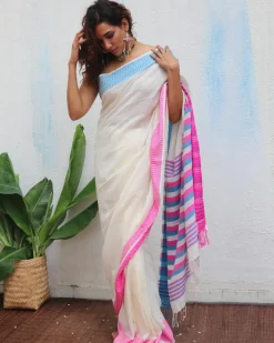 Sadhvi Handwoven Linen Cotton Jamdani Saree - Uma
