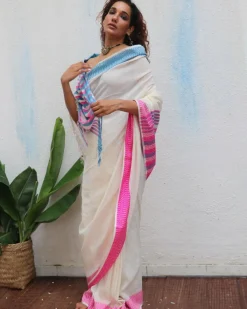 Sadhvi Handwoven Linen Cotton Jamdani Saree - Uma