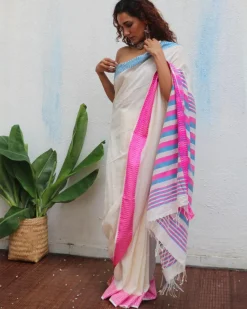 Sadhvi Handwoven Linen Cotton Jamdani Saree - Uma