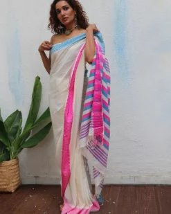 Sadhvi Handwoven Linen Cotton Jamdani Saree - Uma