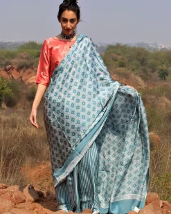 Sea Blue Blockprinted Modal Silk Saree