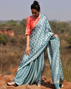 Sea Blue Blockprinted Modal Silk Saree