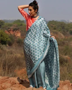 Sea Blue Blockprinted Modal Silk Saree