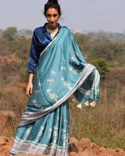 Sea Blue Blockprinted Modal Silk Saree Dragonfly