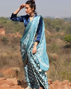 Sea Blue Blockprinted Modal Silk Saree Bel