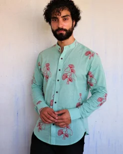 Sea Blue Ginkgo Blockprinted Men'S Shirt