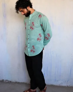 Sea Blue Ginkgo Blockprinted Men'S Shirt