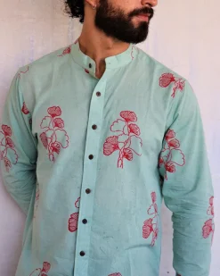 Sea Blue Ginkgo Blockprinted Men'S Shirt