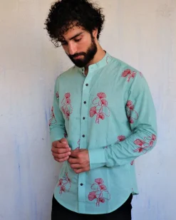 Sea Blue Ginkgo Blockprinted Men'S Shirt