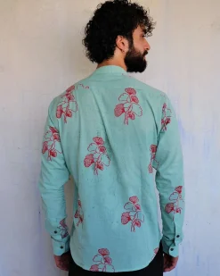 Sea Blue Ginkgo Blockprinted Men'S Shirt