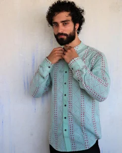 Sea Green Chevron Blockprinted Men'S Shirt
