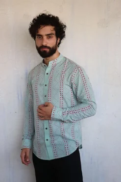 Sea Green Chevron Blockprinted Men'S Shirt