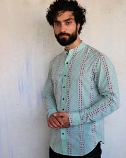 Sea Green Chevron Blockprinted Men'S Shirt