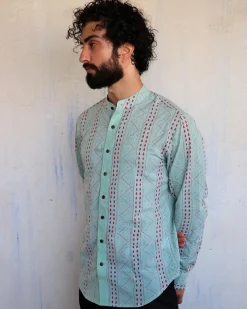 Sea Green Chevron Blockprinted Men'S Shirt