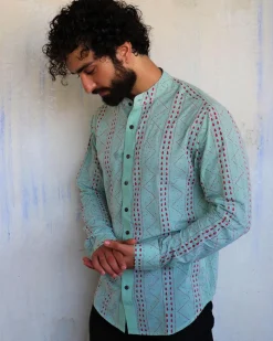 Sea Green Chevron Blockprinted Men'S Shirt