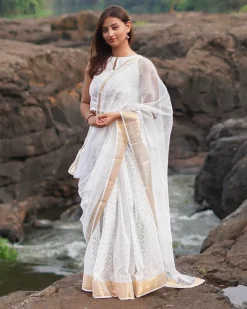 Seafoam cream Kota Doria Ivory Block Printed Saree - SFD