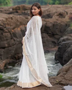 Seafoam cream Kota Doria Ivory Block Printed Saree - SFD