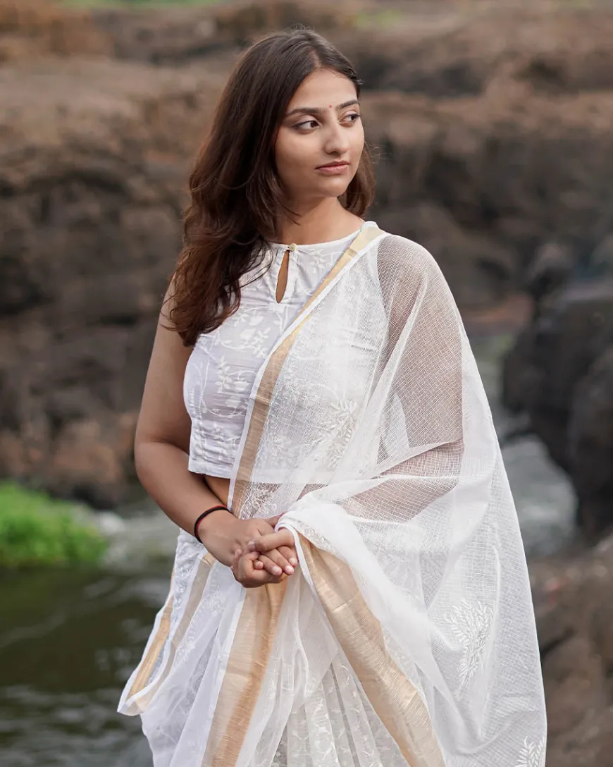 Seafoam cream Kota Doria Ivory Block Printed Saree - SFD