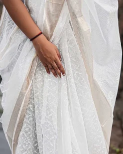 Seafoam cream Kota Doria Ivory Block Printed Saree - SFD