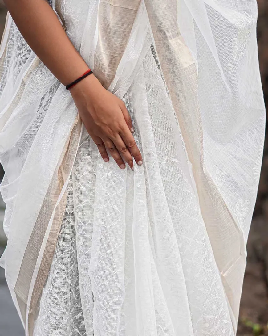 Seafoam cream Kota Doria Ivory Block Printed Saree - SFD
