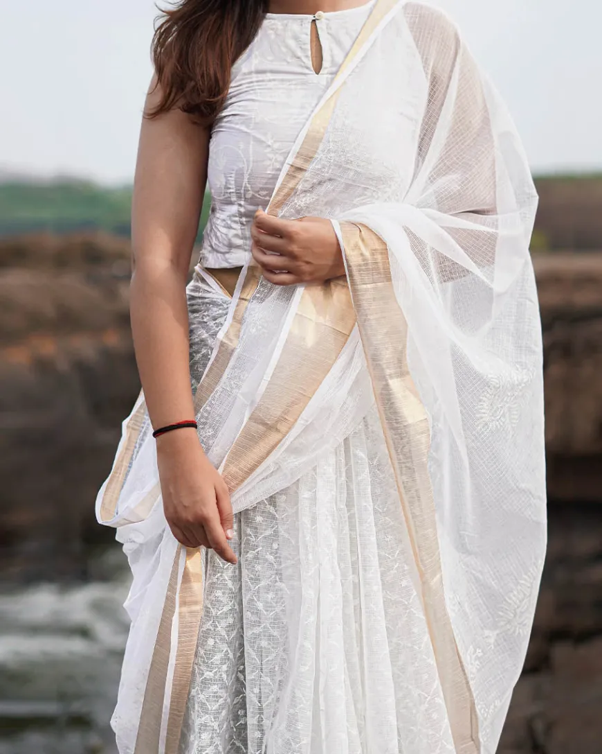 Seafoam cream Kota Doria Ivory Block Printed Saree - SFD