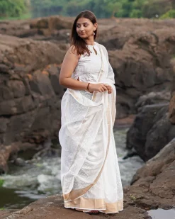 Seafoam cream Kota Doria Ivory Block Printed Saree - SFD