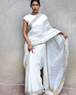 Selene Handwoven Linen Saree- Stardust
