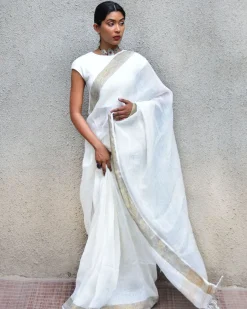 Selene Handwoven Linen Saree- Stardust