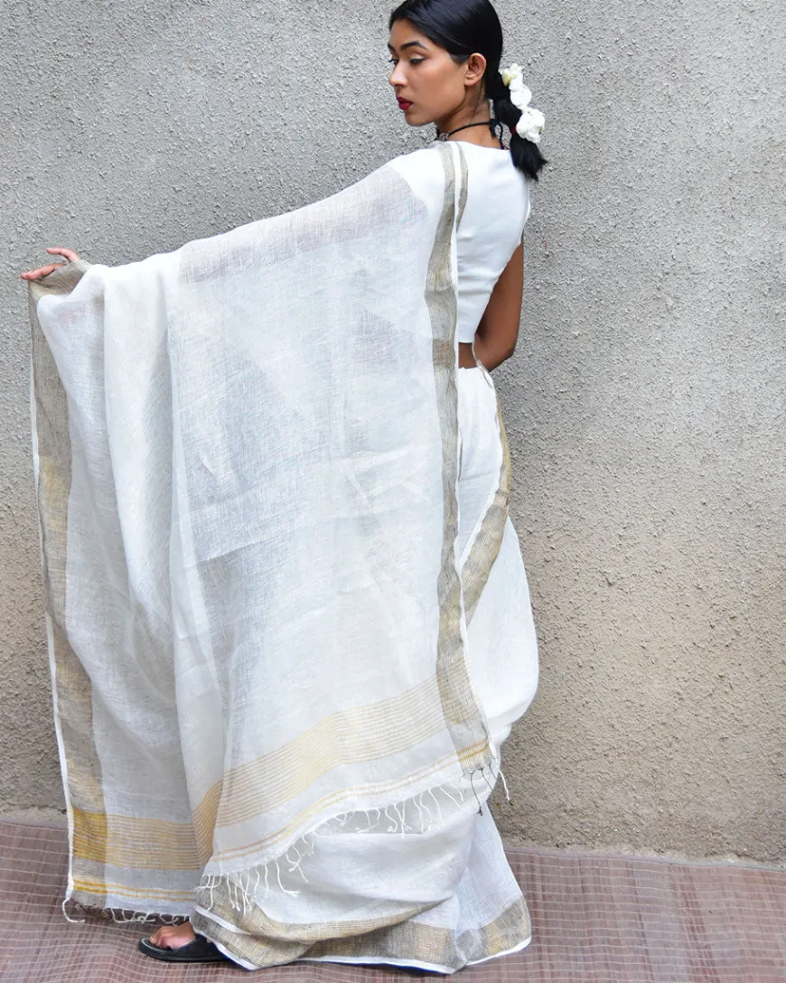 Selene Handwoven Linen Saree- Stardust