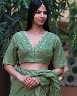 Shimmer Moss Green Mulmul Cotton Blouse - Jugnoo