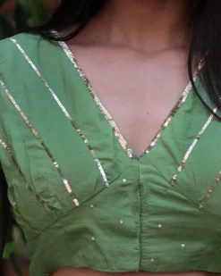 Shimmer Moss Green Mulmul Cotton Blouse - Jugnoo