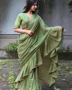 Shimmer Moss Green Mulmul Cotton Blouse - Jugnoo