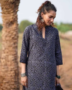 Silky Blooms Blockprinted Cotton Kurti-WWB