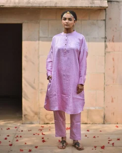 Soft Pink Striped Blockprinted Mashru Silk Kurta Set - Bhavri
