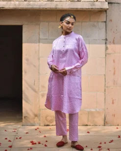 Soft Pink Striped Blockprinted Mashru Silk Kurta Set - Bhavri