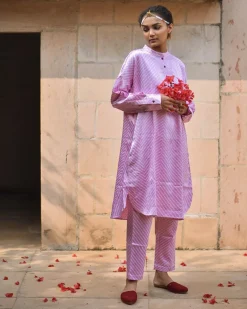 Soft Pink Striped Blockprinted Mashru Silk Kurta Set - Bhavri