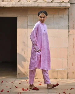 Soft Pink Striped Blockprinted Mashru Silk Kurta Set - Bhavri