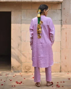 Soft Pink Striped Blockprinted Mashru Silk Kurta Set - Bhavri