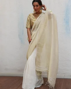 Sreeja Handwoven Linen Zari Saree - Onam