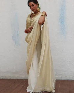 Sreeja Handwoven Linen Zari Saree - Onam