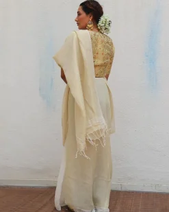 Sreeja Handwoven Linen Zari Saree - Onam