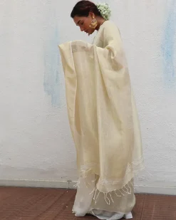 Sreeja Handwoven Linen Zari Saree - Onam