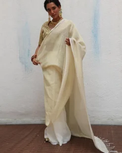 Sreeja Handwoven Linen Zari Saree - Onam