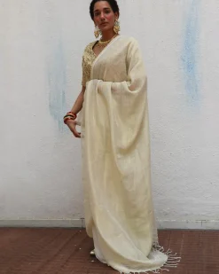 Sreeja Handwoven Linen Zari Saree - Onam